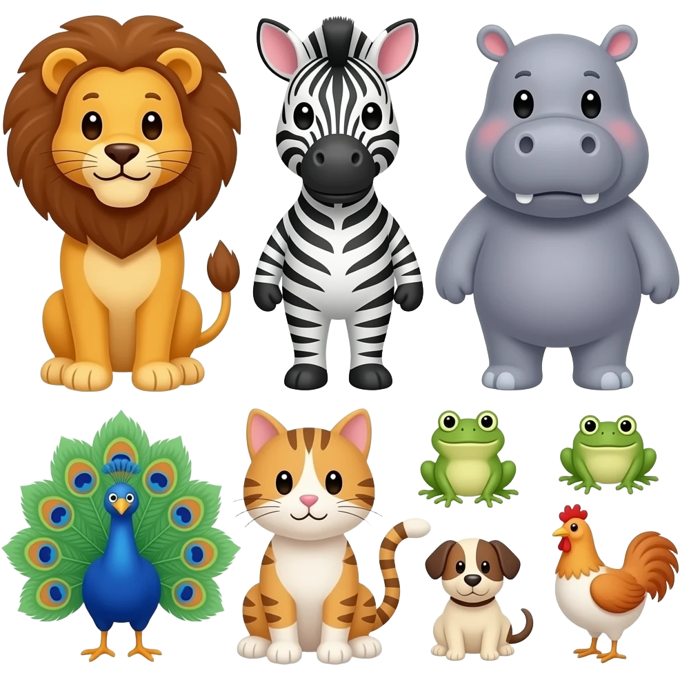 1 Little Lion 2 little zebra 3 little hippo 4 little peacock 5 little frog 6 little chick 7 little cat 8 little dog 9 little chicken emoji