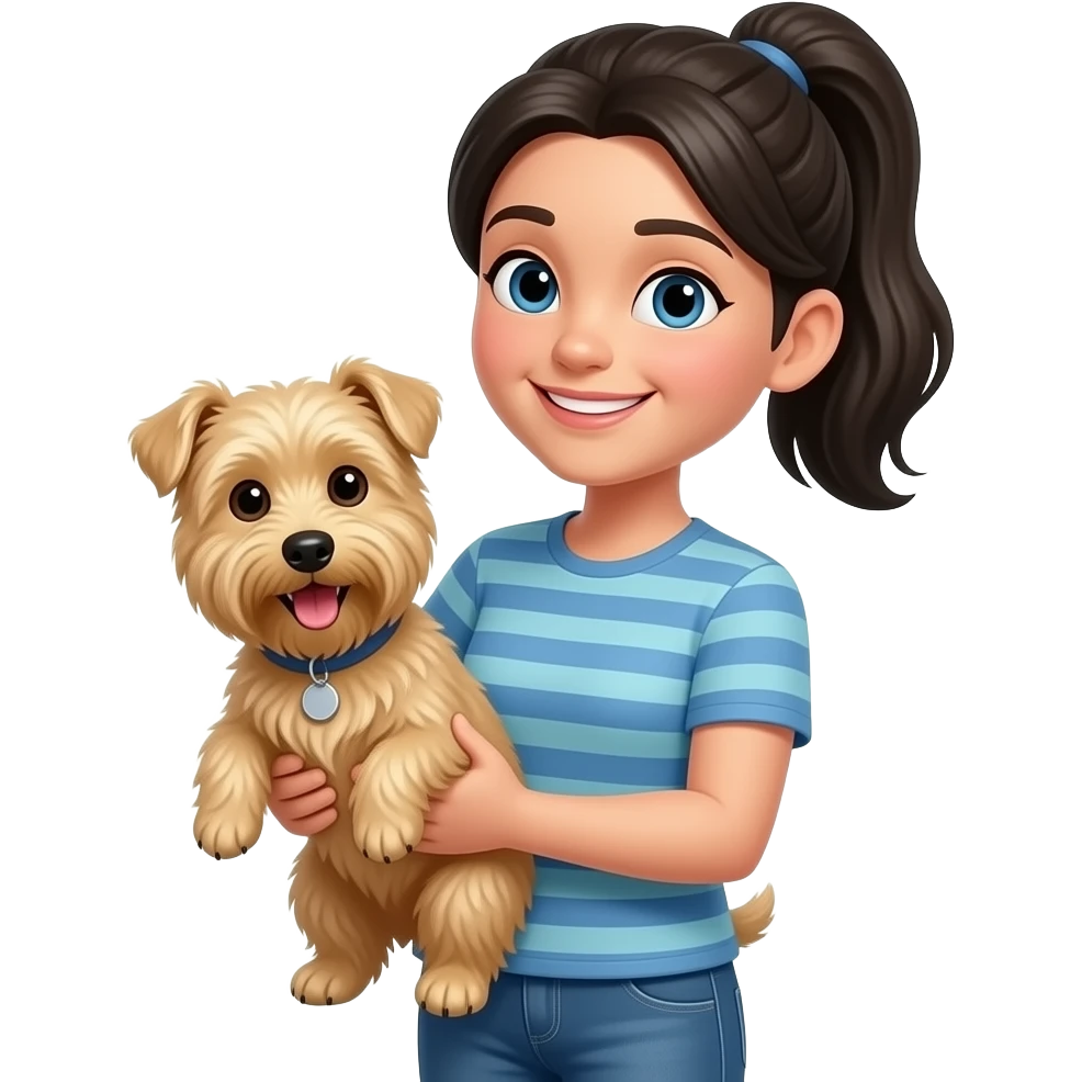 Happy with both black ponytail holding a happy blonde terrier dog emoji