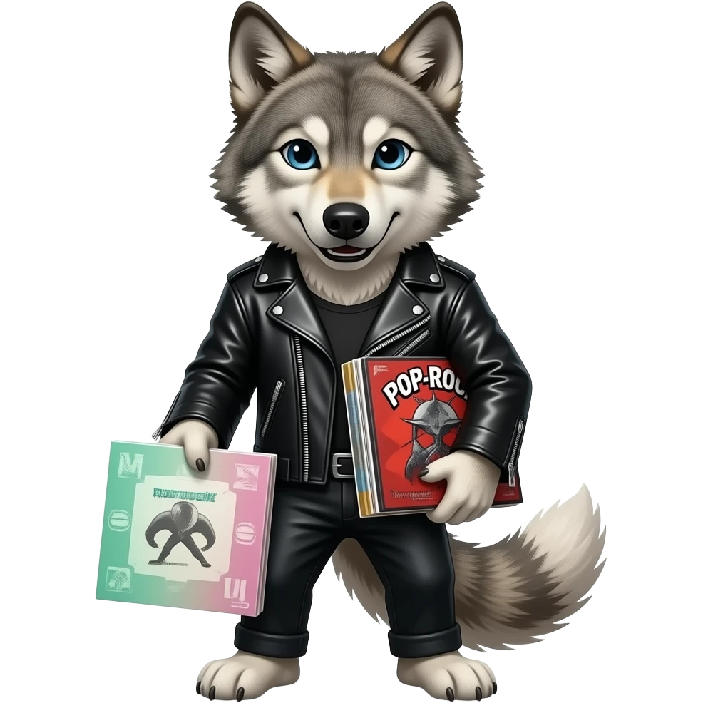 rocker wolf with pop-rock music albums in his hands emoji
