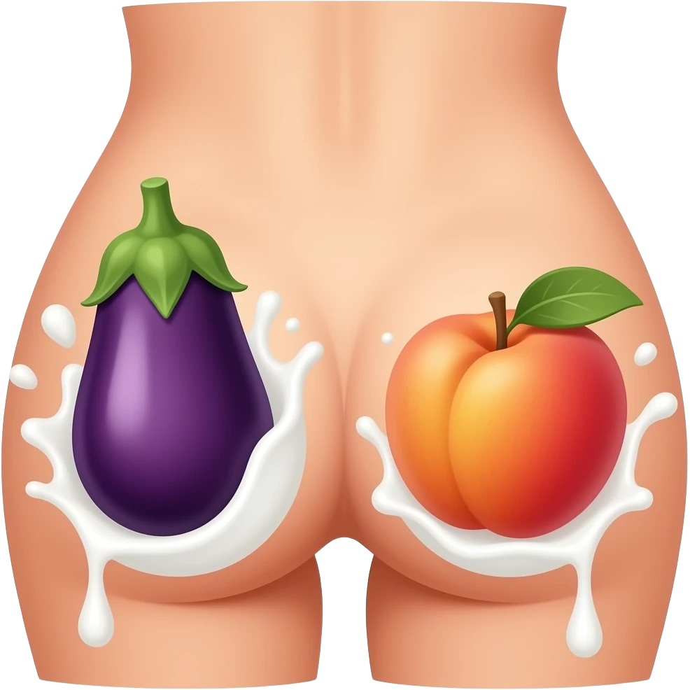 Describe eggplant splash milk peach inside butt emoji