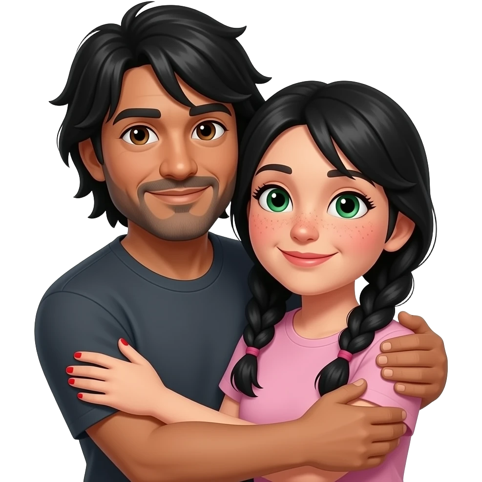 Black haired middle aged guy with floppy straight hair bangs, brown eyes olive skin and gray beard hugging a black hair middle age woman with long pigtails, red cheeks, freckles and  green eyes emoji