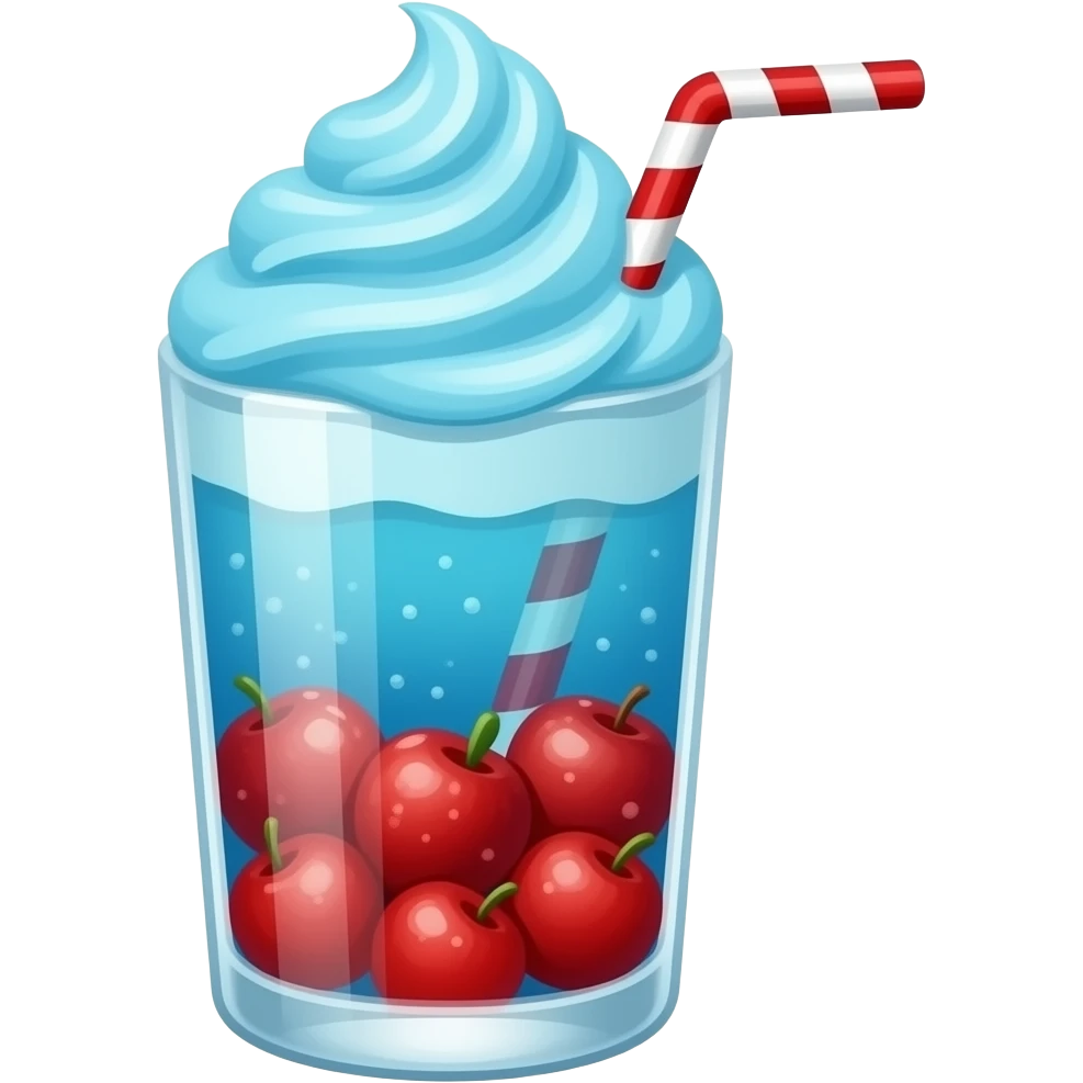 cute red apple cream soda, clear glass cup, bright red apple pieces filling the bottom, sky blue soda layer, sky blue whipped cream swirl on top, glossy 3d emoji style, no background, no text emoji