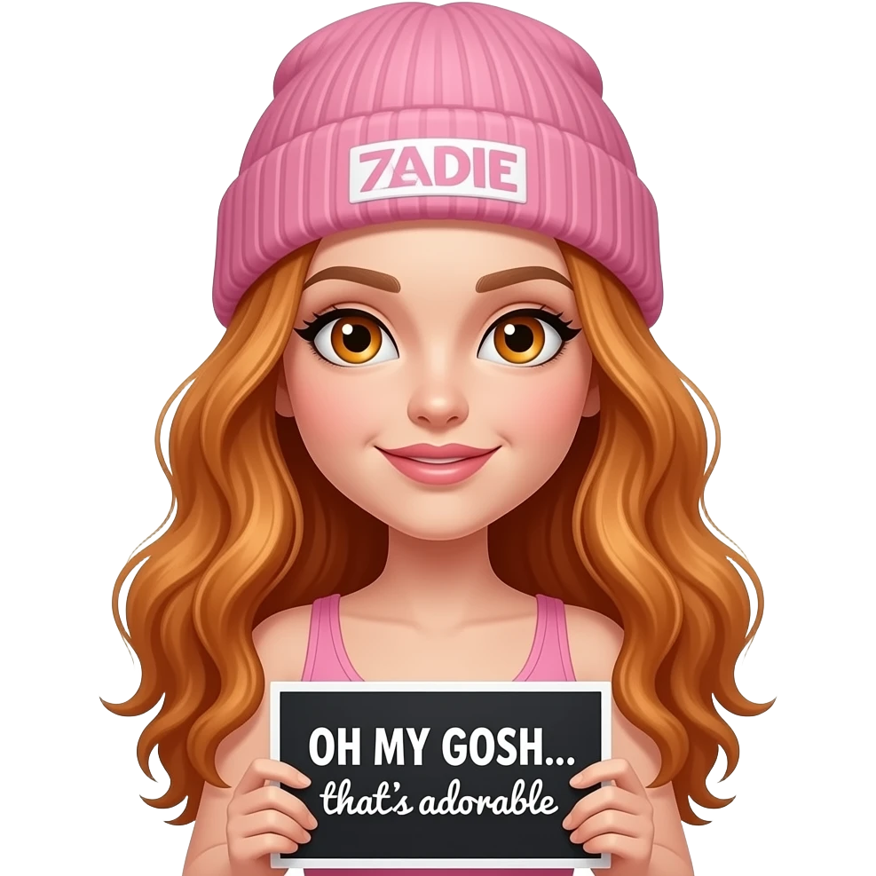 sexy girl with overlong wavy ginger hair and ginger eyes wearing a pink tanktop and a pink beanie with ZADIE written on it, is holding a black sign with OH MY GOSH... that's adorable written on it emoji