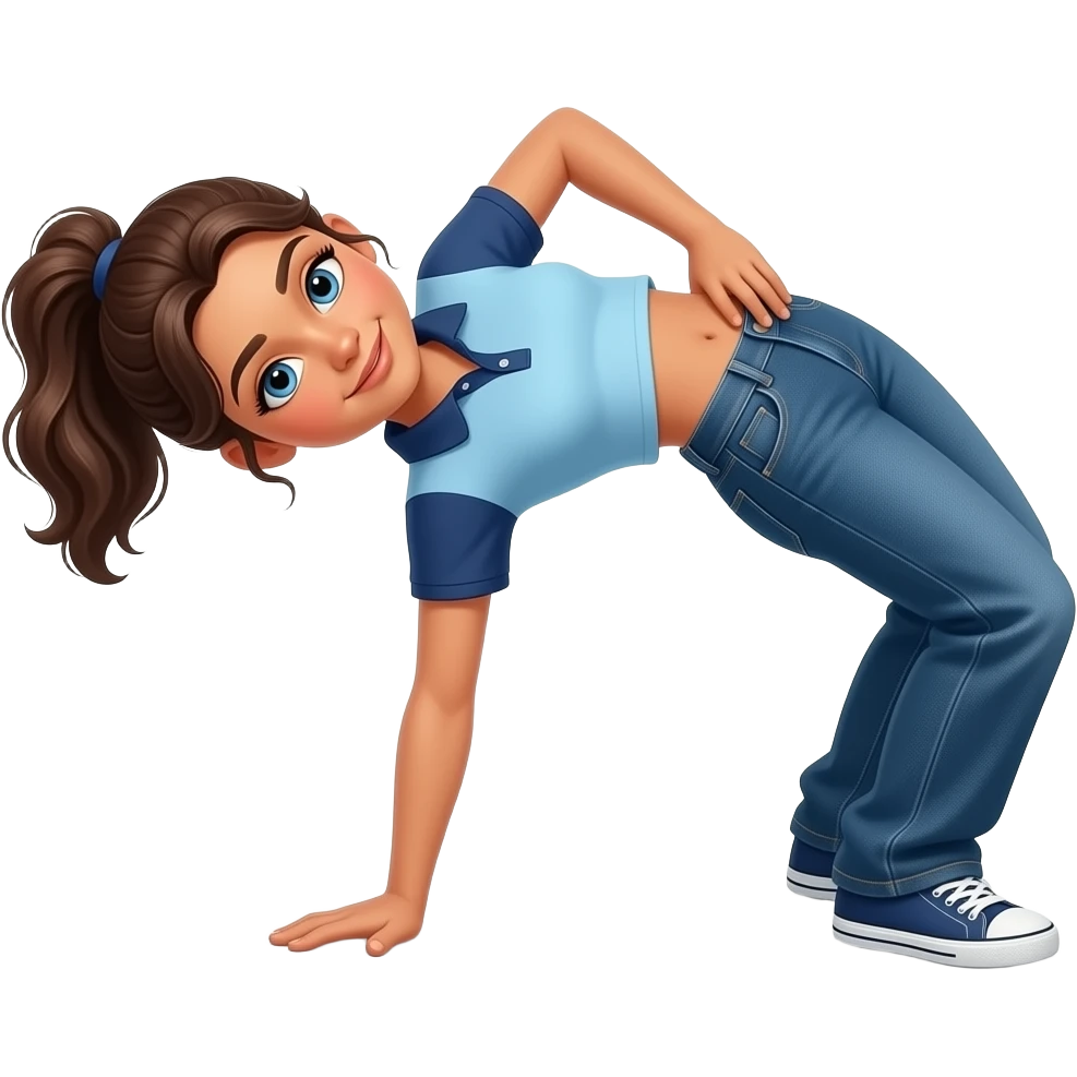 Hispanic girl with brown ponytail and blue eyes light blue and dark blue cropped polo and dark blue baggy jeans doing the belly roll movement emoji