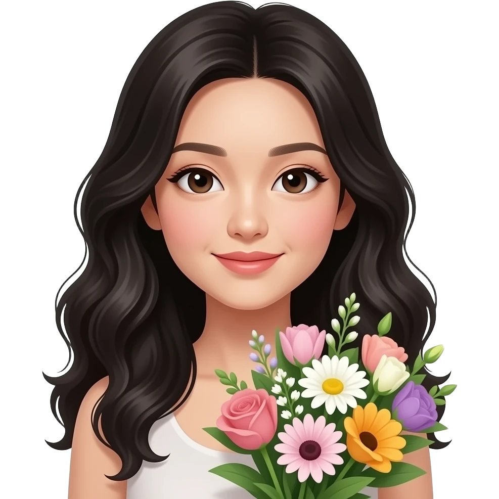 Mujer asiática recibiendo unas flores, que la chica sea piel muy clara, cabello ondulado y negro y con ojos asiáticos emoji