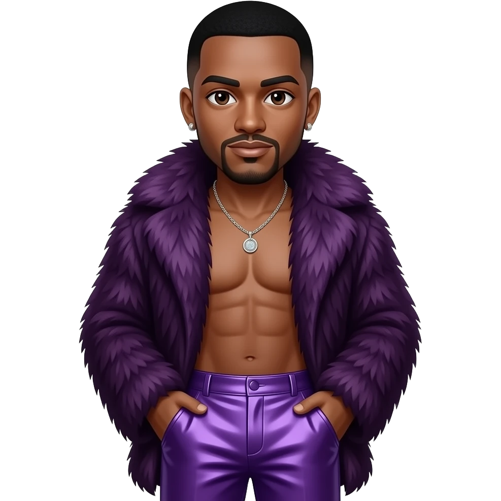 Al B. Sure with brown eyes, black buzz cut hair, deep purple fur shawl, deep purple metallic baggy pants, shirtless with necklace and earrings emoji