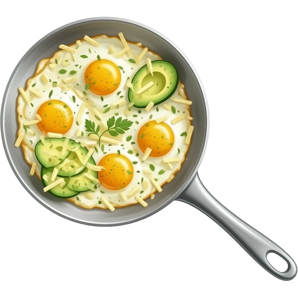 scrambled eggs in skillet with avocado slices cheese and herbs emoji