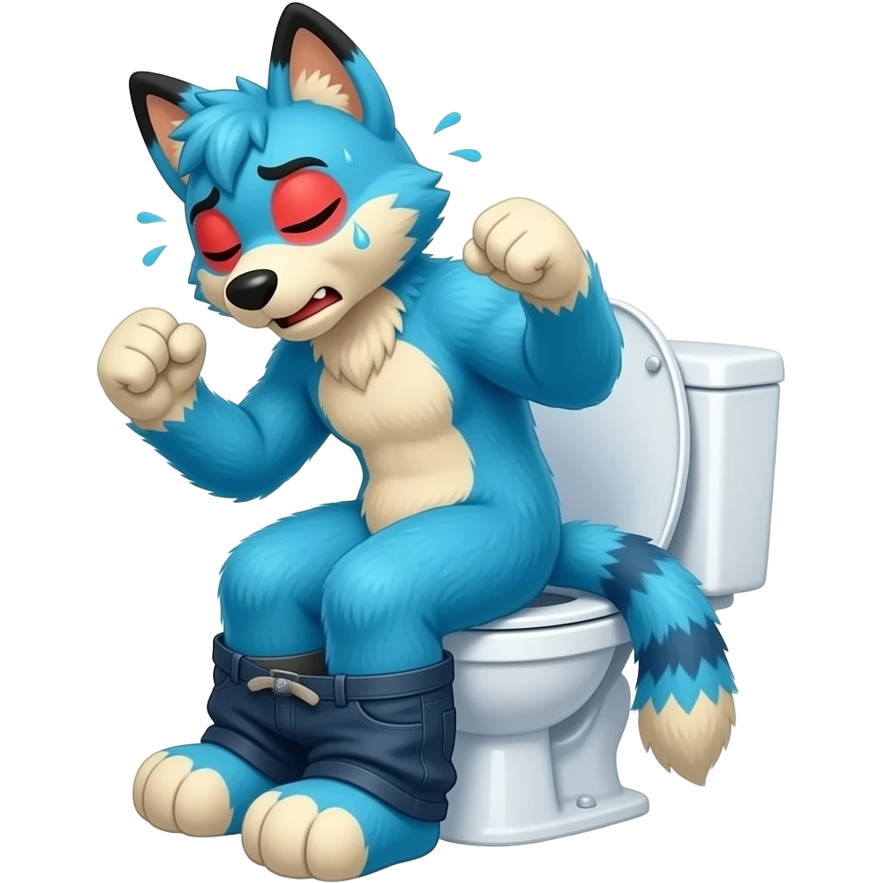 blue fursuit sitting on toilet, side view , pants down, pushing, eyes closed, straining face, pushing, sweating, red face, both fists emoji