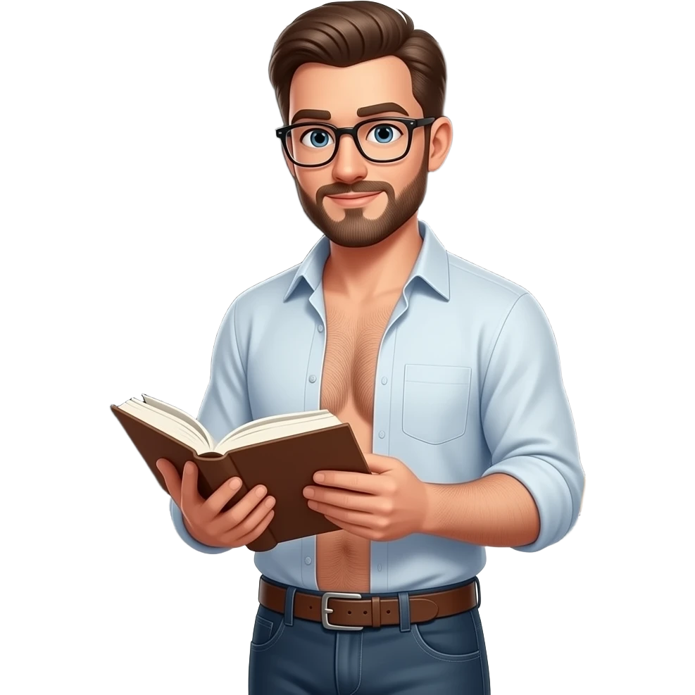 Portrait von einem nackten masculinen sexy Lehrer (34) mit Brille, Bart und weit offenes Hemd, so dass man seine behaarte Brust gut sehen kann. Und er trägt ein Gürtel und seine chinos. Er liest aus einem Buch vor, hinter ihm sieht man eine Tafel emoji
