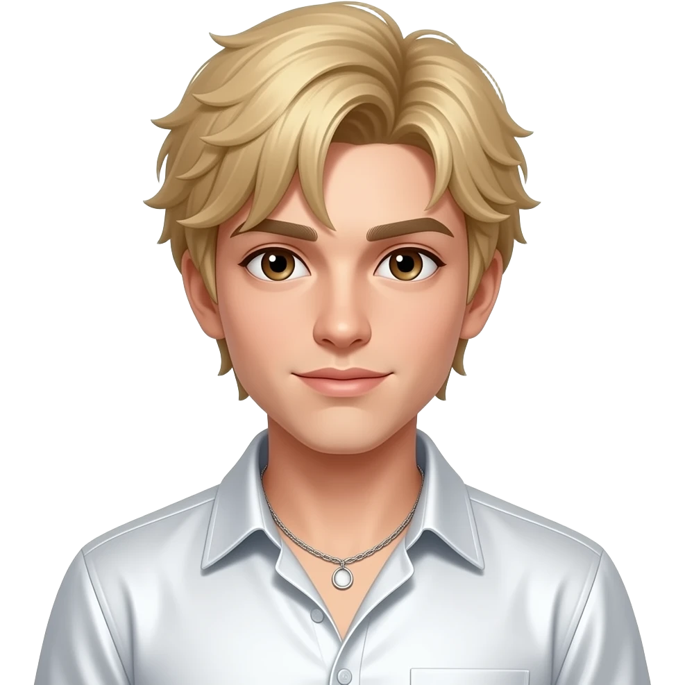 xQc with brown eyes, blonde hair, white metallic shirt, silver necklace emoji