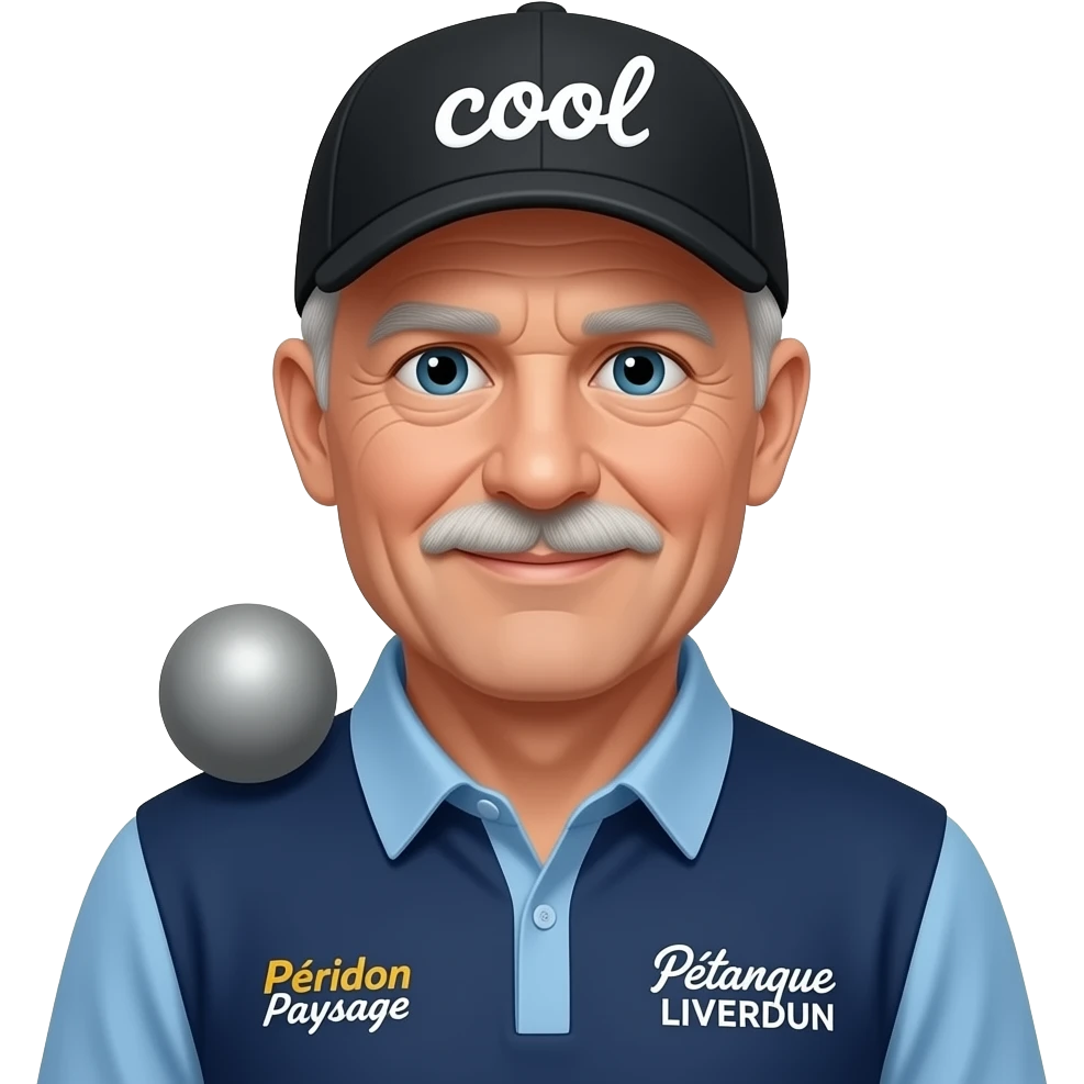 tête homme 70 ans sous casquette noire marquée "cool" avec boule de pétanque grise sur maillot bleu foncé avec col trois boutons bleu clair avec épaules seules bleu clair coté droit Pétanque LIVERDUN, côté gauche "Péridon Paysage" emoji