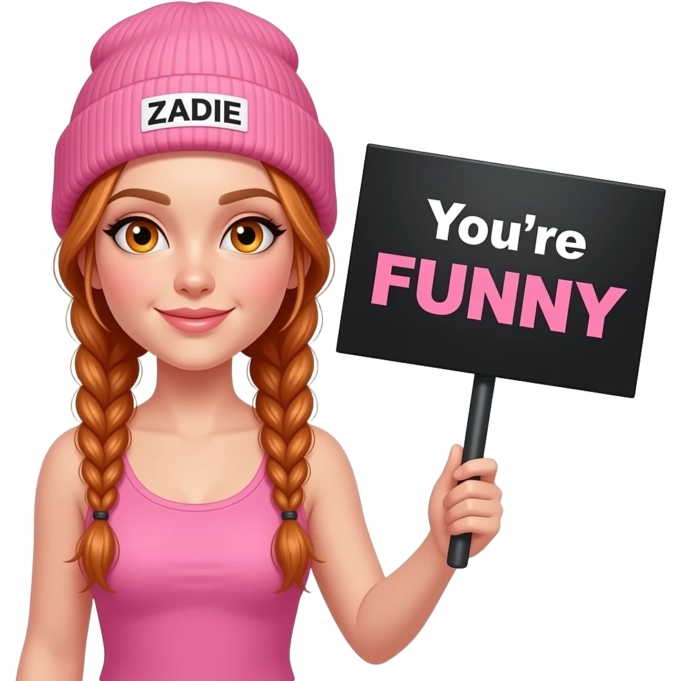 sexy girl with overlong ginger braids and ginger eyes wearing a pink tanktop and a pink beanie with ZADIE written on it, is holding a black sign with You're FUNNY written on it emoji