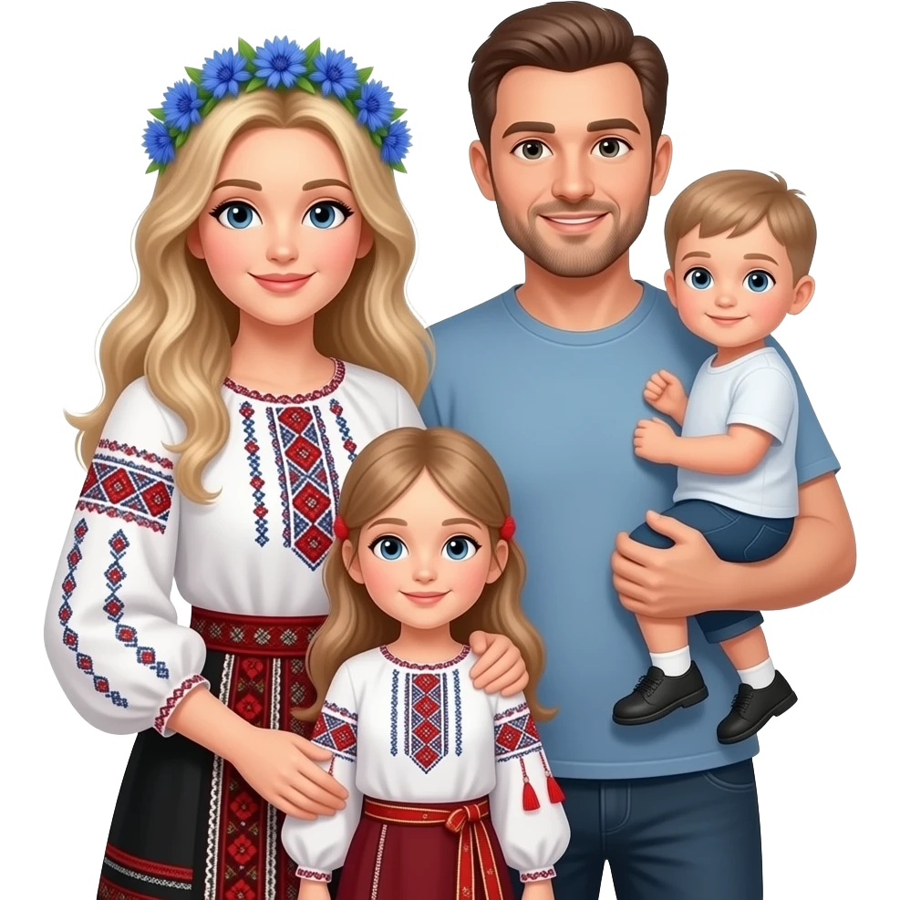 мультяшная семья мама в белорусской национальной одежде на голове у нее светлые длинные светлые волосы и венок из васильков папа в футболке и брюках держит на руках маленького мальчика, девочка стоит рядом с мамой emoji