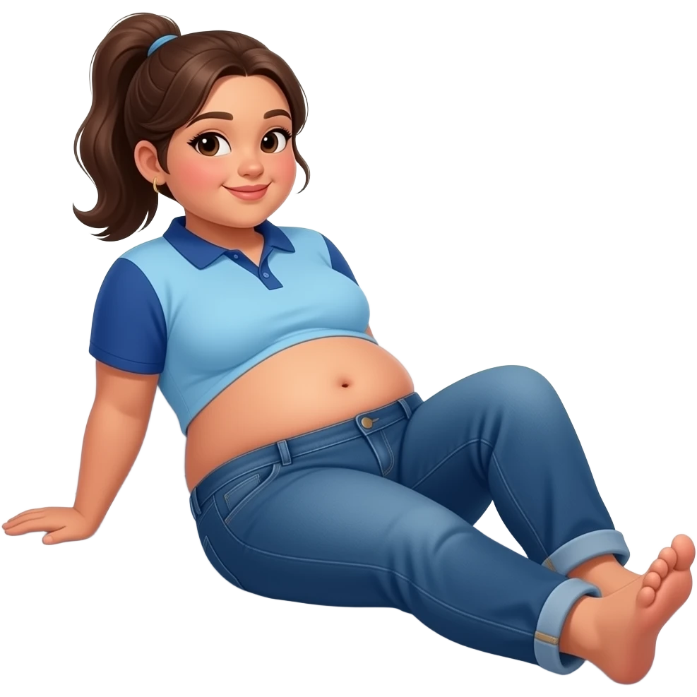 obese hispanic girl with brown ponytail and light blue and dark blue cropped polo with dark blue baggy jeans chubby belly button laying on bed showing feet belly rolling emoji
