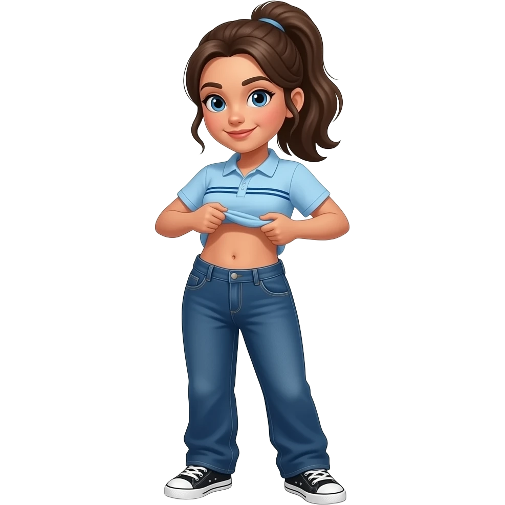 Hispanic girl with brown ponytail and blue eyes light blue dark blue lined polo and dark blue baggy jeans and belly button and black and white sneakers lifting her shirt funny belly trick emoji