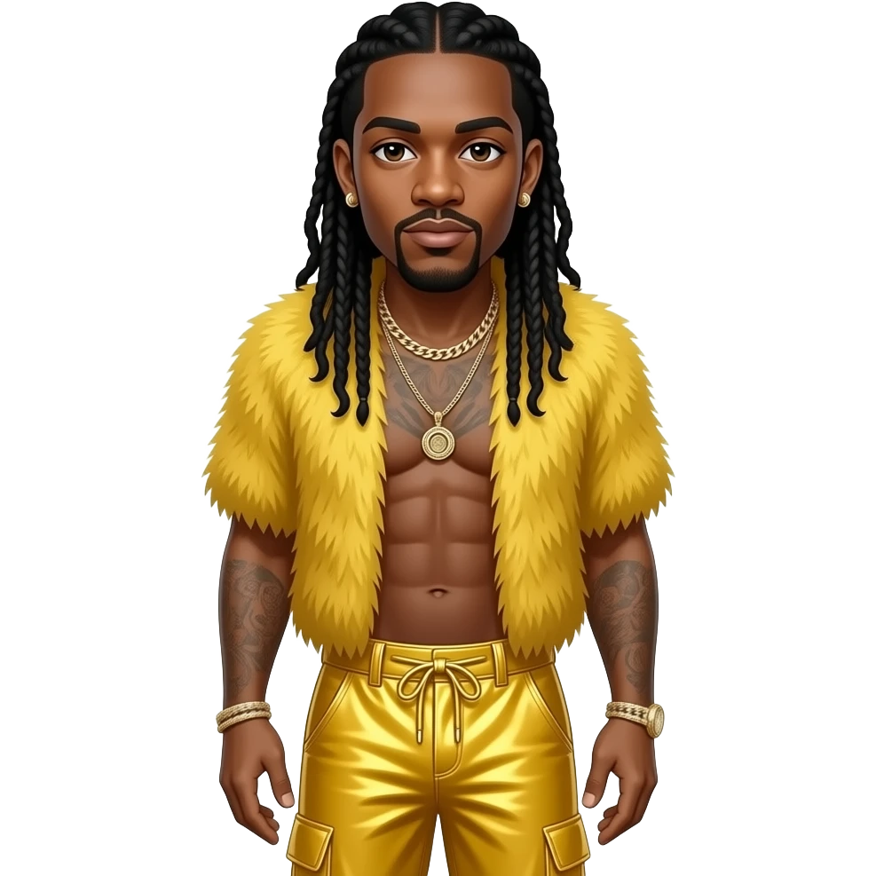 Busta Rhymes with dark brown eyes, long black hair, yellow fur shawl, yellow metallic baggy pants, shirtless with necklace and earrings emoji