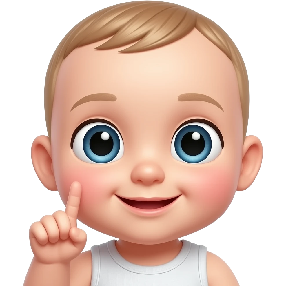 Cute 3D emoji baby face with one hand raised beside the face, finger gently poking the cheek, big eyes, blushing cheeks, lovely playful expression, glossy pastel style, white background. emoji