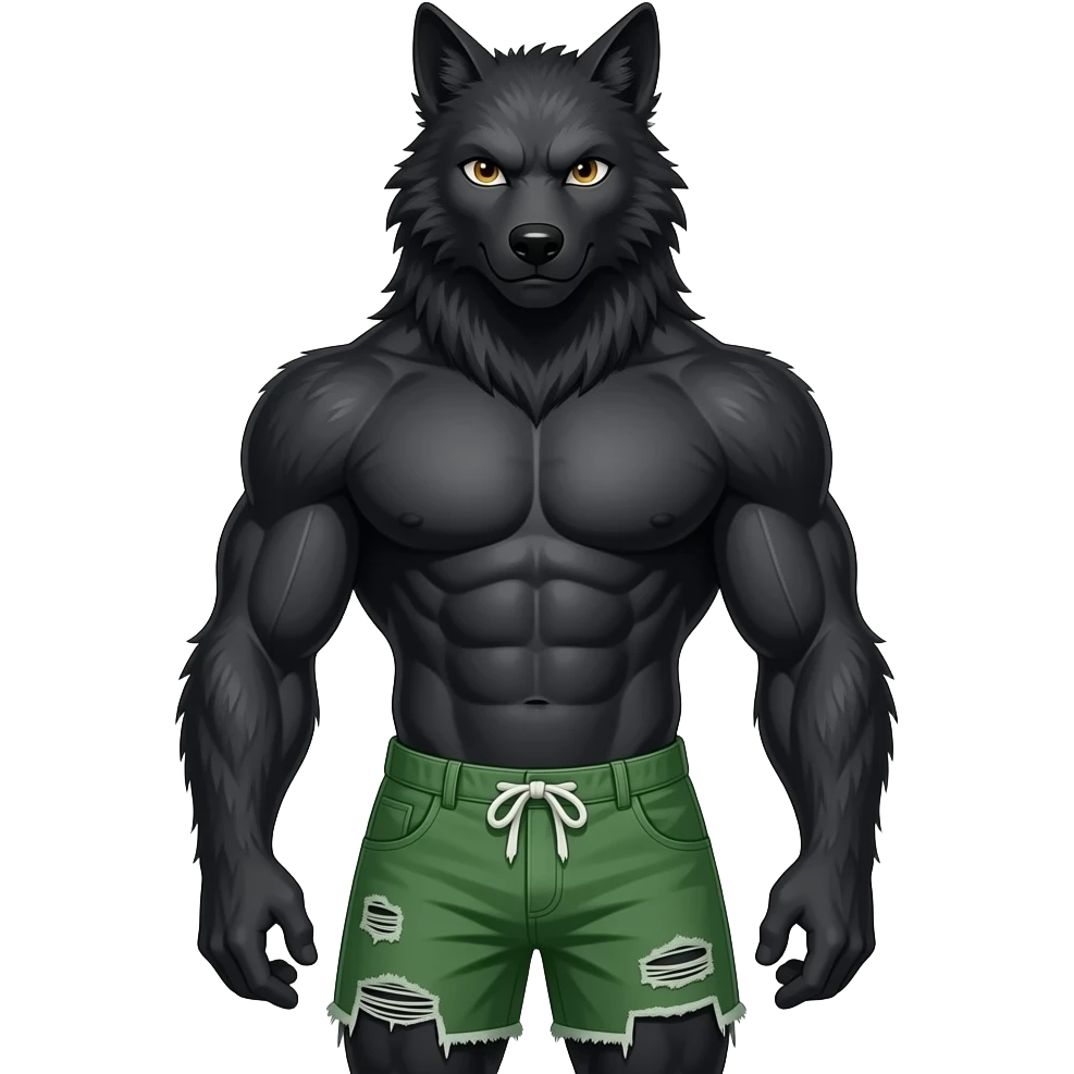 muscular young werewolf with black fur wearing ripped green shorts emoji