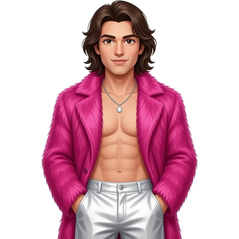 Chris Pontius with brown eyes, long dark brown hair, hot pink fur coat, white metallic baggy pants, shirtless with necklace emoji