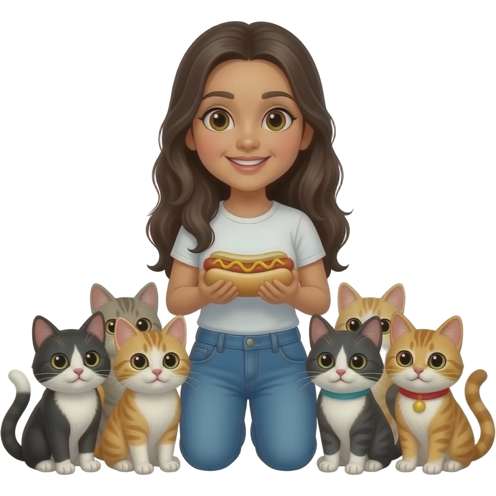 Mexican woman wearing jeans and t shirt surrounded by kittens and celebrating with a hot dog emoji