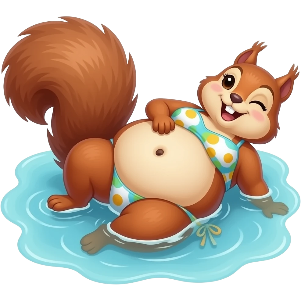 The female squirrel enjoys the beach holiday in her swimmers,but she is so full from a lunch break that she is about to burst,Then her fat Tummy rolls & drops out,she will just lay on her back in the shallow cool water,her gluttonous bellybutton promotes a good resort business. emoji