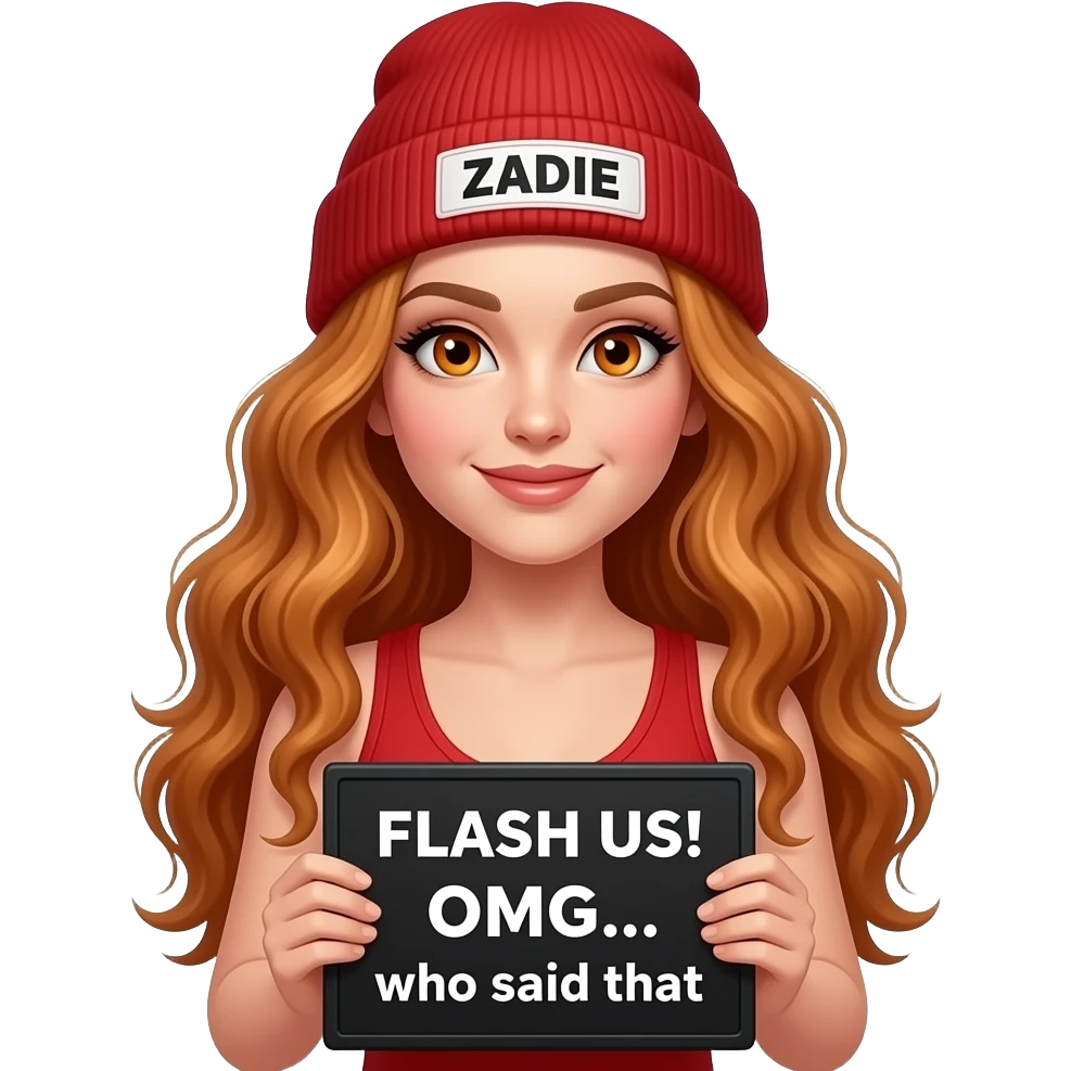 sexy girl with overlong wavy ginger hair and ginger eyes wearing a red tanktop and a red beanie with ZADIE written on it, is holding a black sign with FLASH US! OMG... who said that written on it emoji