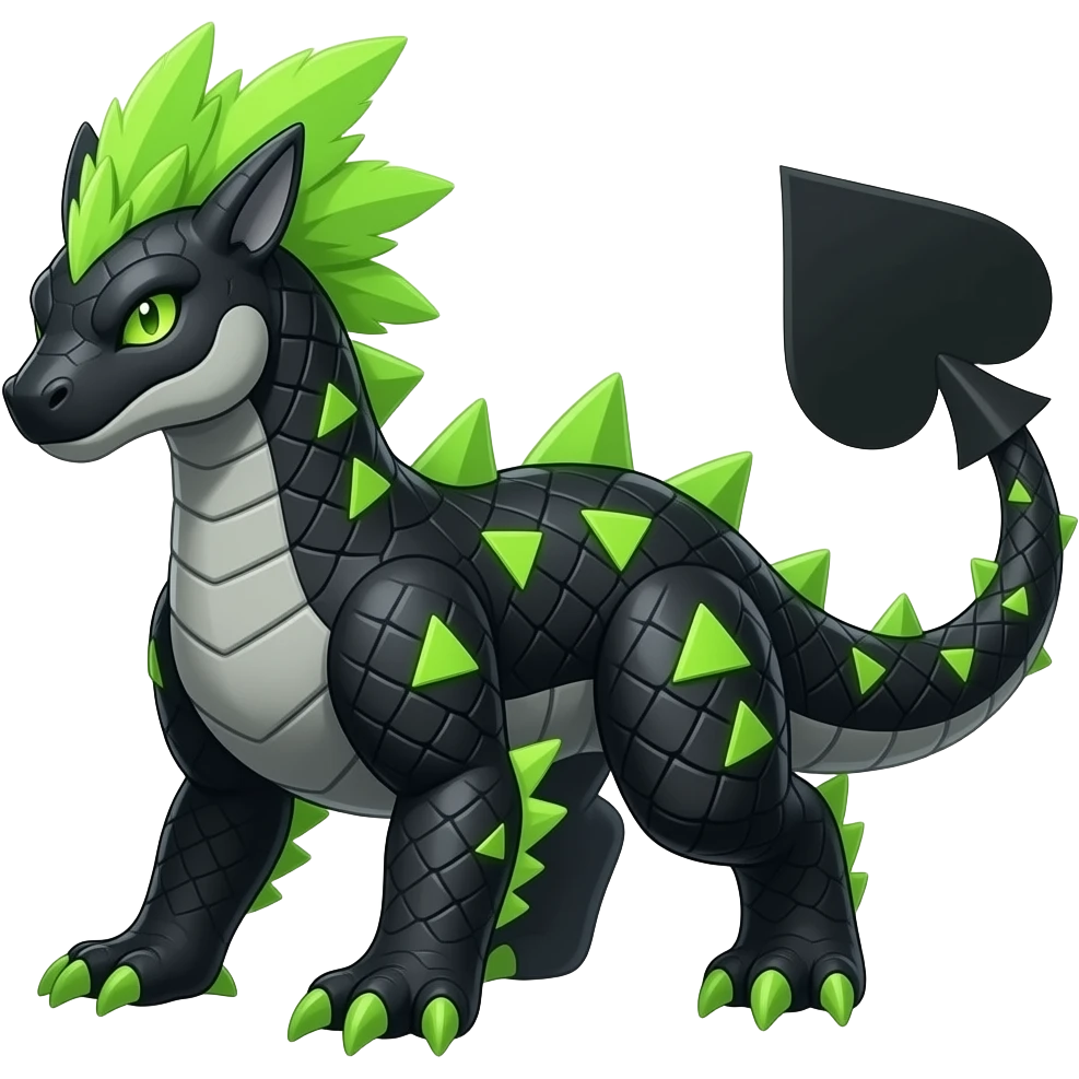Cool edgy ancient black-scaled with neon-green triangular stripe markings digitigrade vintage futuristic raptorik fantasy-Cyberpunk-Steampunk-Solarpunk-Genesect-Salamence-Tyranitar-Vernid-Fionbri-Fakémon-animal-hybrid, with neon-green feather-mane, and a tail spade, back spikes, full body emoji