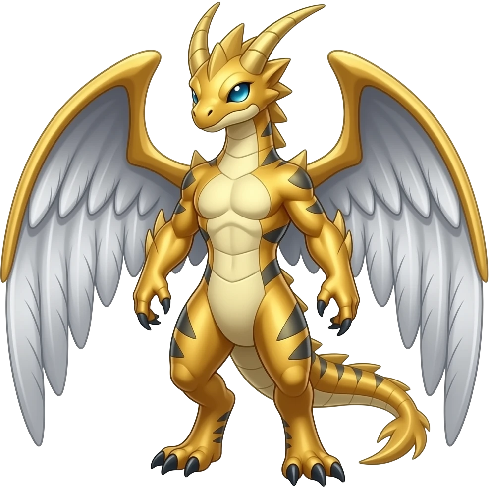 golden bronze silvery angelic Salamence-Tyranitar-Brony-Vernid-Fionbri-Fakémon-animal-hybrid, full body emoji