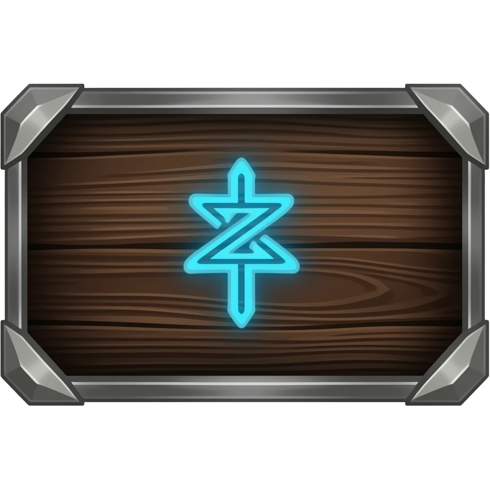 A physical dark-wood card back with brushed metal borders and a single glowing blue rune in the center. emoji
