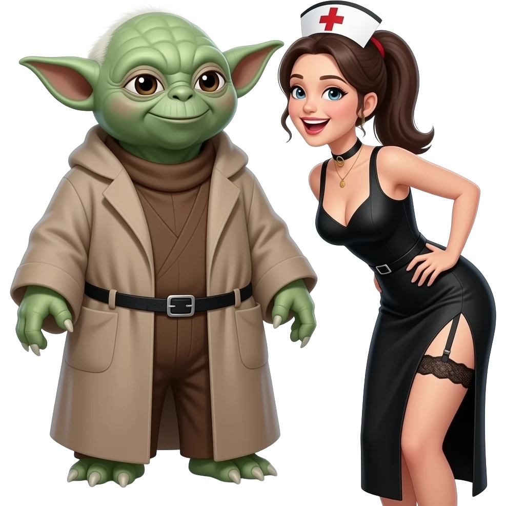 6 foot tall Yoda standing immediately behind a pony  tailed nurse smiling with open mouth, wearing a garter belt, long black dress.Nurse  has DD breasts slit down side of dress , she is bending over looking back at Yoda seductively emoji