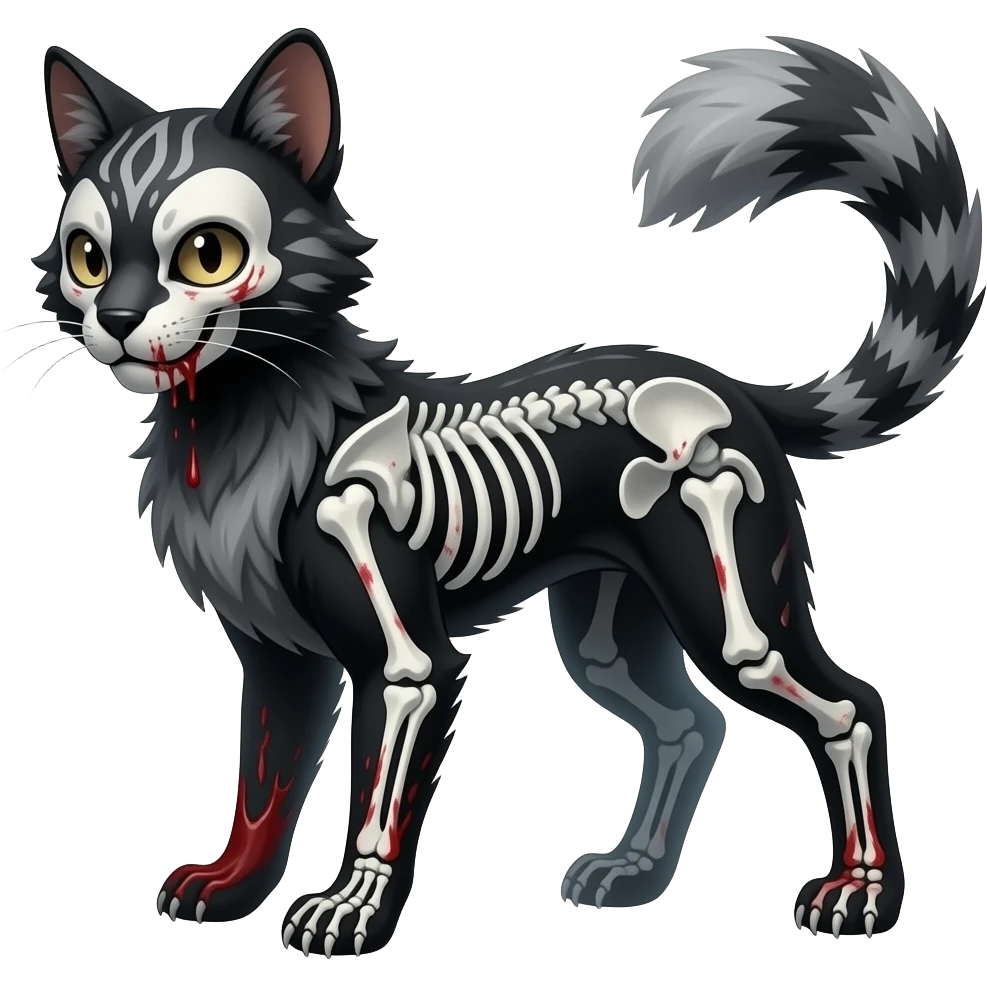 Bloody gory spectral spooky dark bleak blackish swampy white-skeletal gloomy ghostly dark greyish dark-deep-greenish foggy eldritch beautiful realistic edgy fantasy ghoul-like stitched feline-vernid-sergal-fursona animal creature with a tufted tail full body with intricate markings emoji