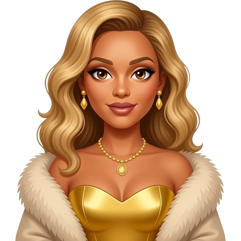 Beyonce with hazel eyes, long honey blonde pin-up hair, gold sweetheart dress, beige fur shawl, necklace and earrings emoji