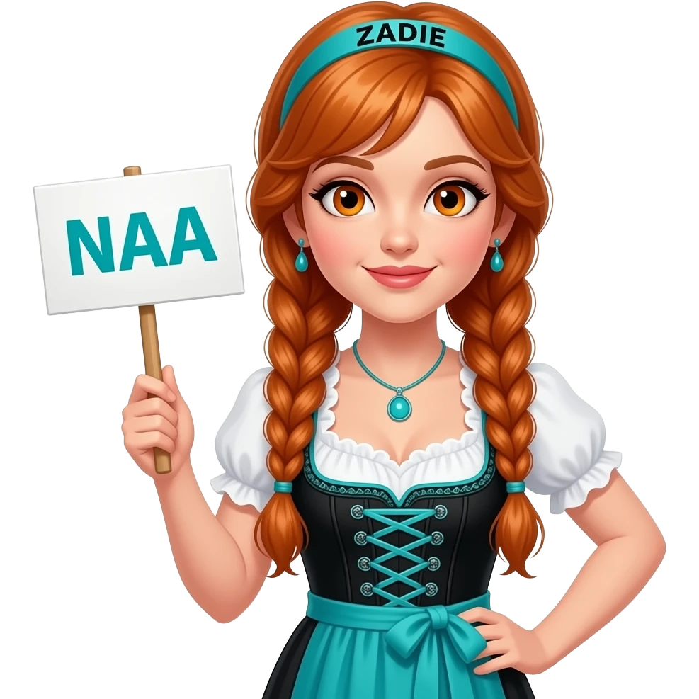 sexy girl with overlong ginger braids and ginger eyes wearing a black turquoise dirndl and a turquoise headband with ZADIE written on it, is holding a sign with NAA written on it emoji