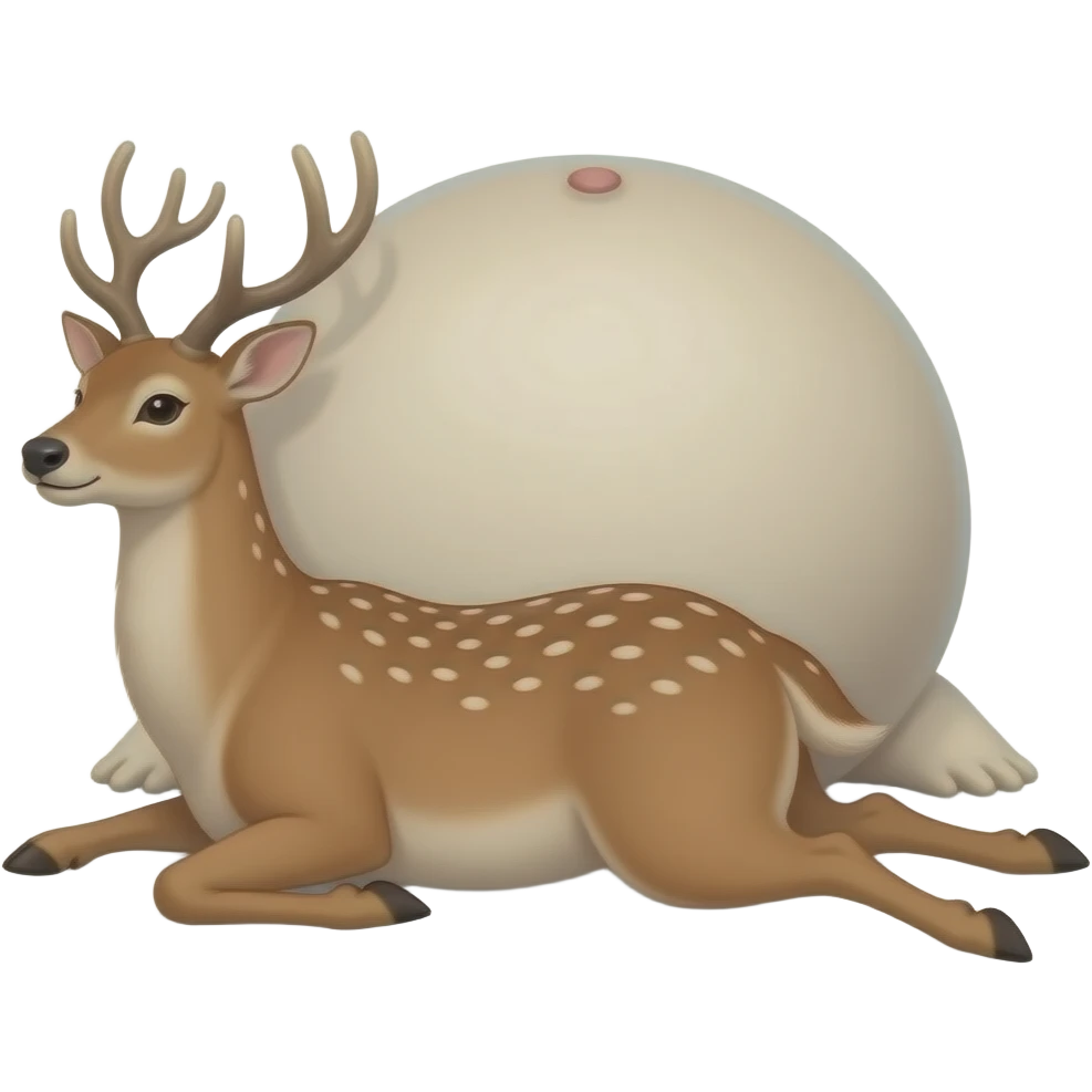 A female deer/doe is sprawling on her back unable to move,she pinned down by her own gigantic spherical ballooning Belly,her Bellybutton looks like it could reach the forest ceiling,she is that Fat,She ate way too much,She is one stuffed deer. emoji