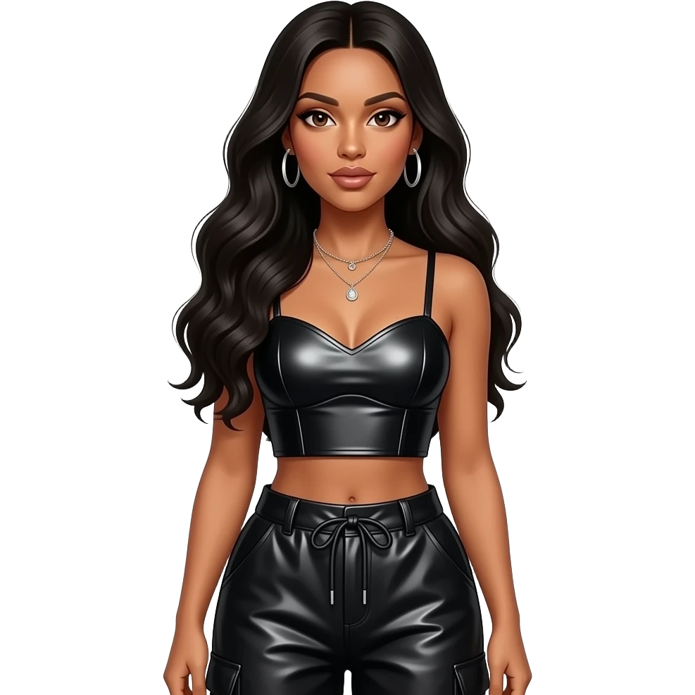 Aaliyah with brown eyes, long black hair, black metallic sweetheart crop top, black metallic baggy pants, necklace and earrings emoji