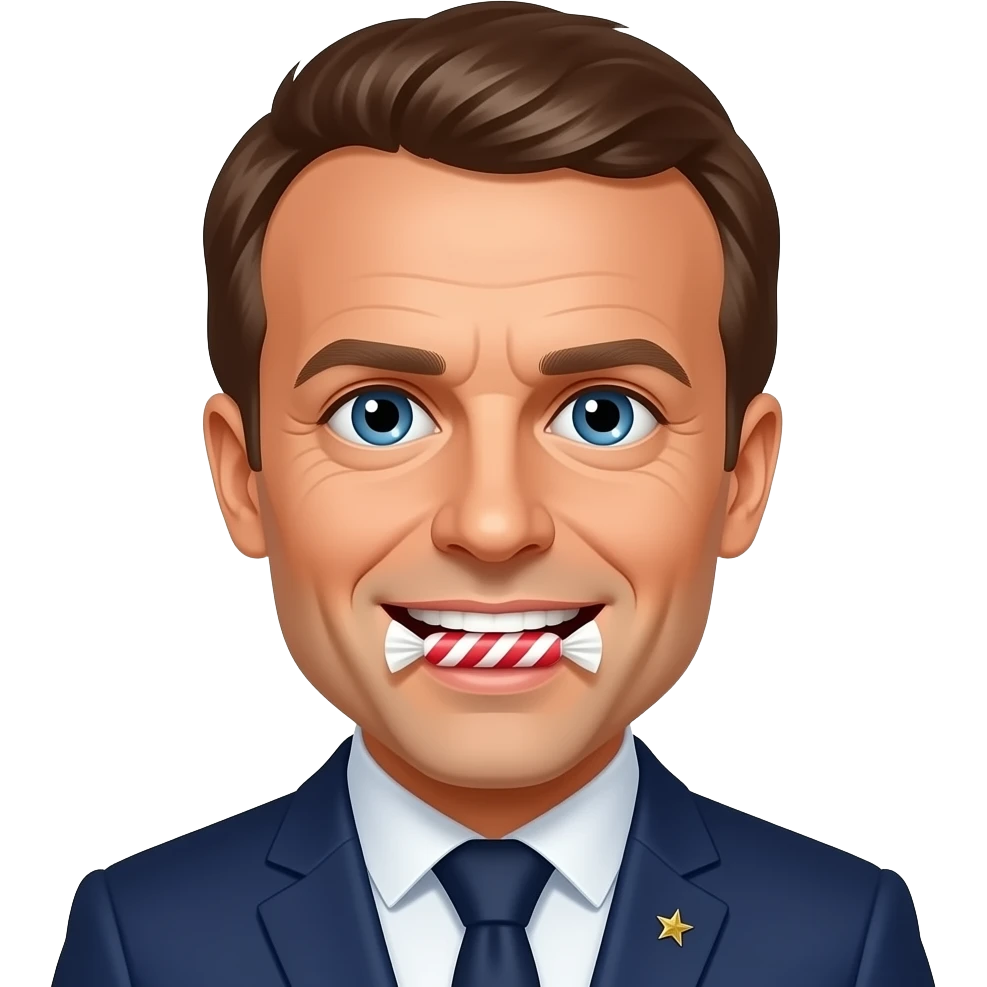 Emmanuel Macron with a candy in his mourh emoji