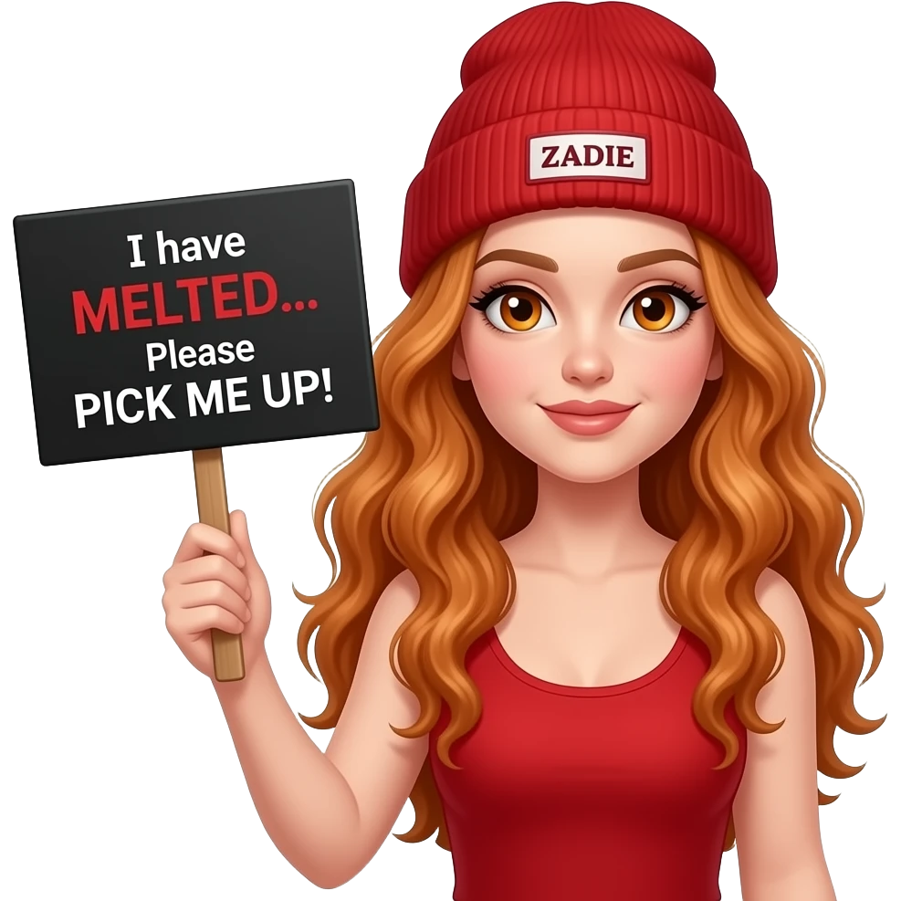 sexy girl with overlong wavy ginger hair and ginger eyes wearing a red tanktop and a red beanie with ZADIE written on it, is holding a black sign with I have MELTED... Please PICK ME UP! written on it emoji