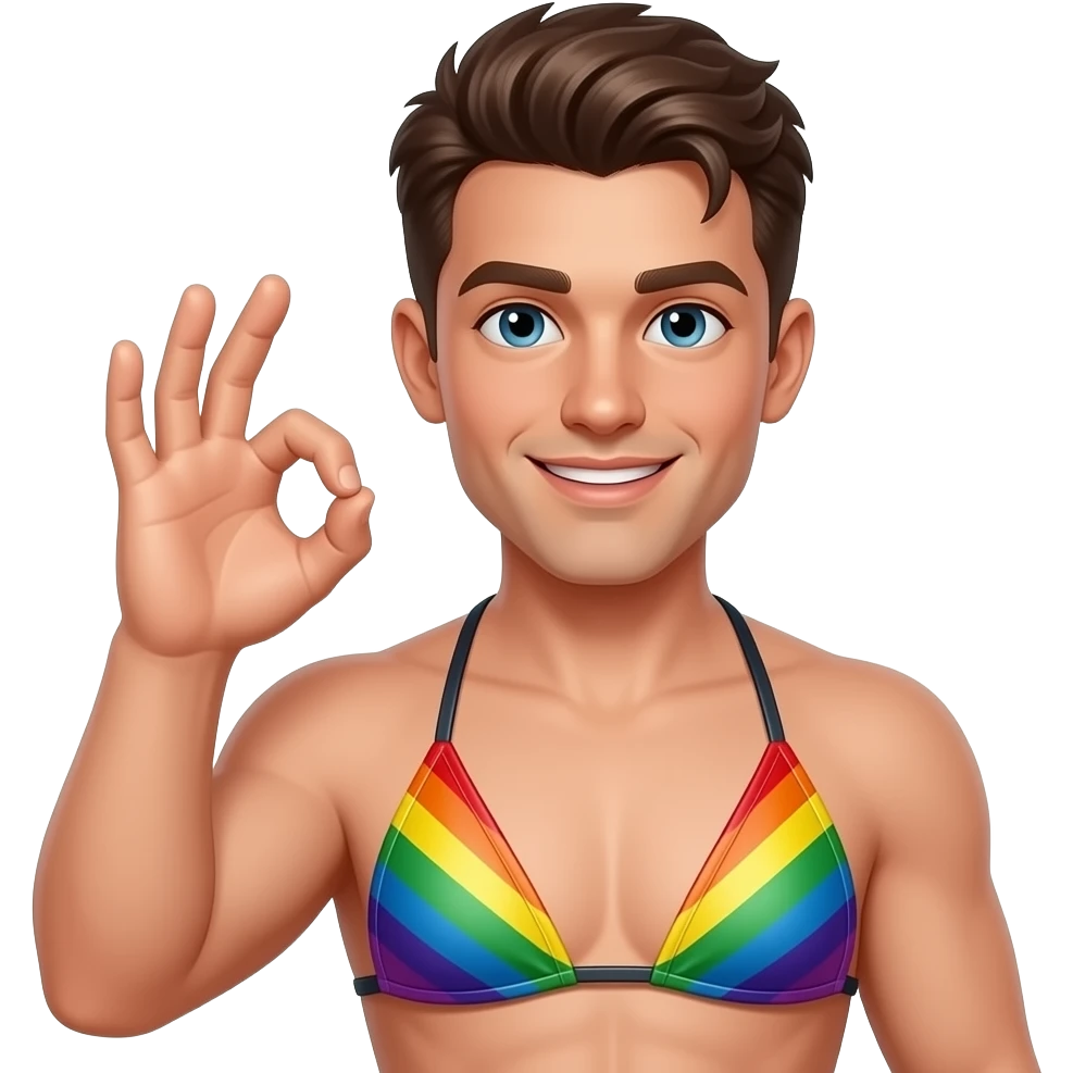Gay dude in leather bikini rainbow fingering an ok hand sign emoji