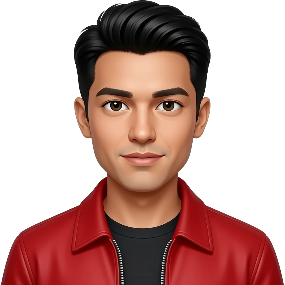 Male, 20s, olive skin, dark eyes, perfectly styled black hair, model good looks, red designer jacket emoji