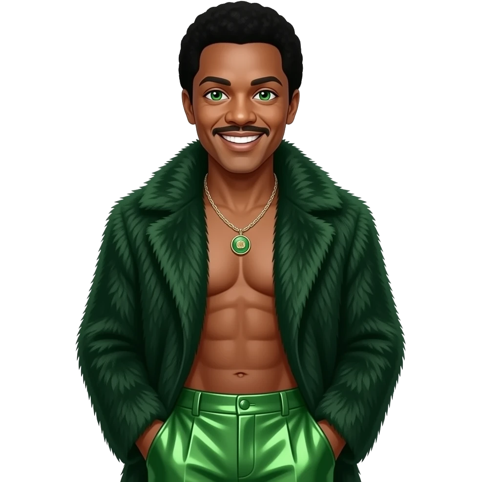 Smokey Robinson with green eyes, black hair, dark green fur shawl, green metallic baggy pants, shirtless with necklace emoji