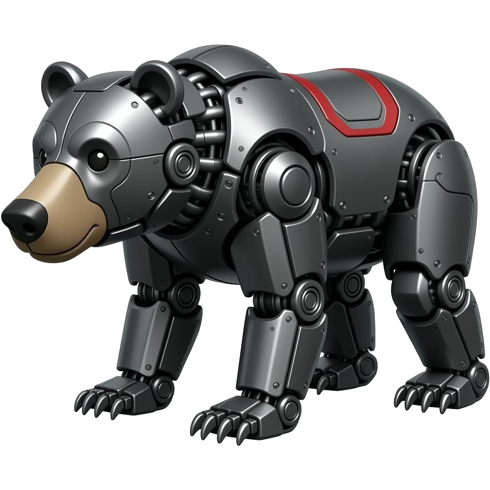 grizzly Bear, mechanical, all  made of dark gray metal, dark gray metal snout, dark gray metal with red markings on it, (Mechanical), (fullbody) on all fours emoji