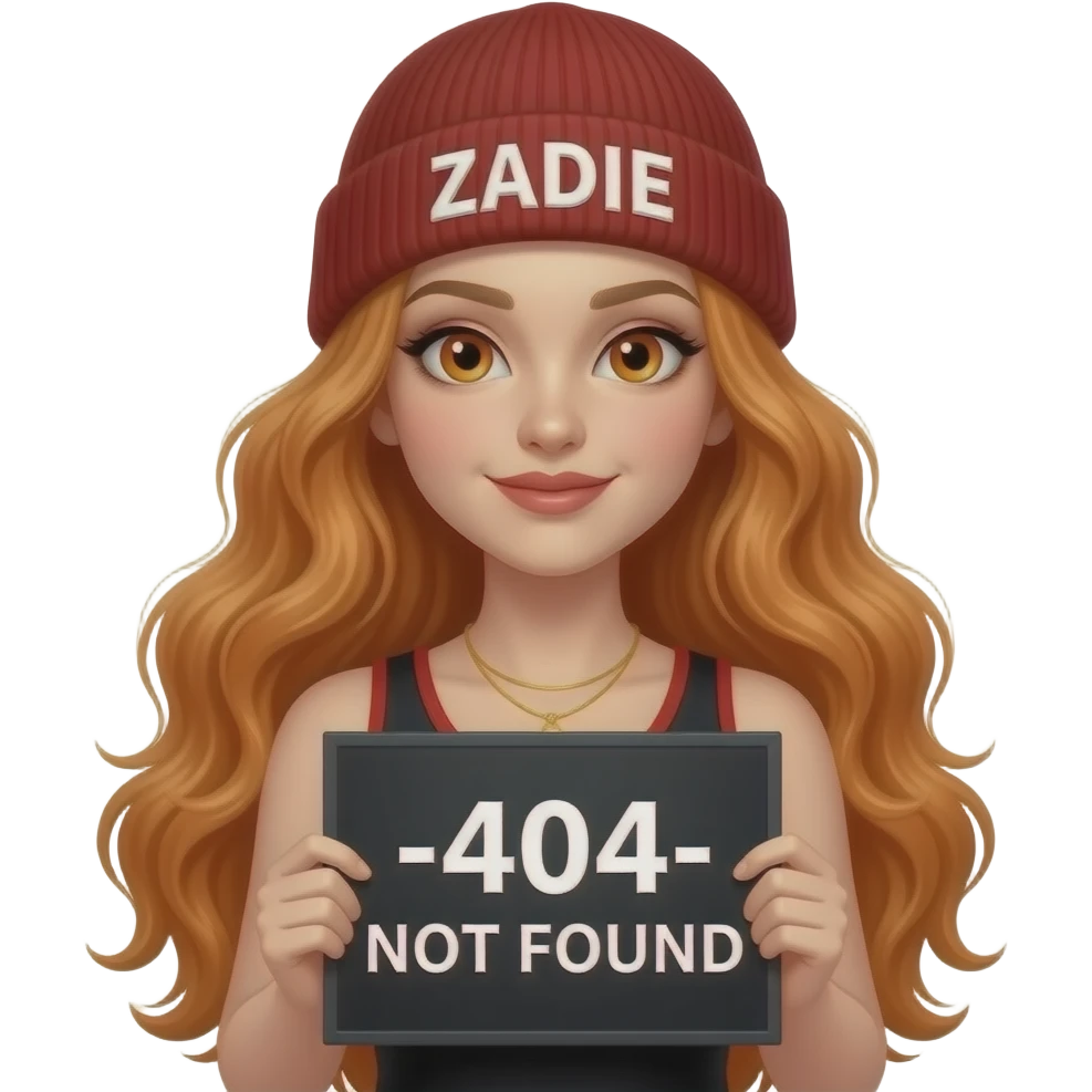 sexy girl with overlong wavy ginger hair and ginger eyes wearing a black red tanktop and a black red beanie with ZADIE written on it, is holding a black sign with -404- NOT FOUND written on it emoji
