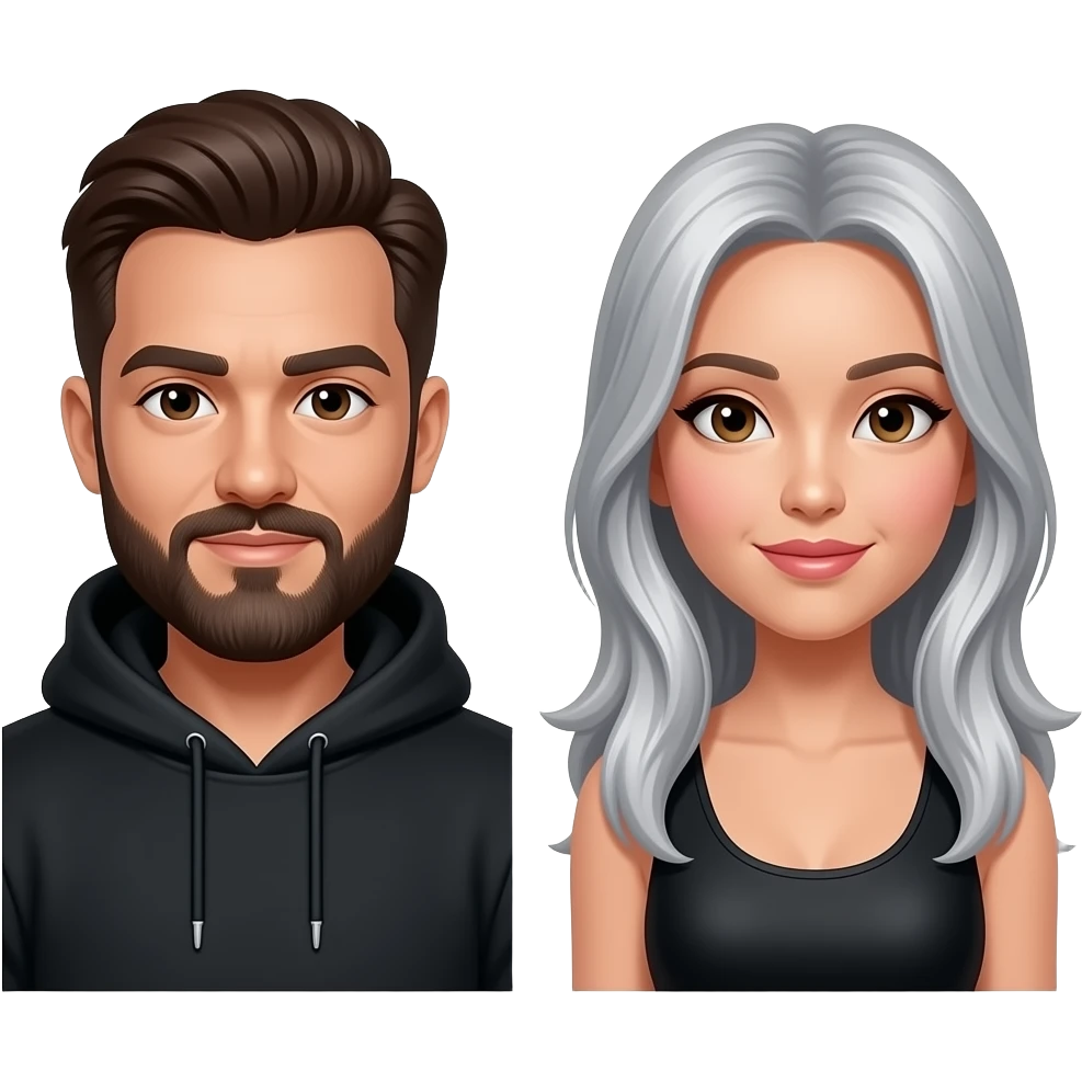A bearded celebrity man in a black hoodie and Asian celebrity woman with silver hair emoji