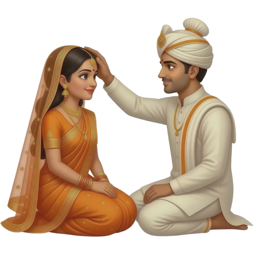 Hindu bride in orange saree and groom sitting facing each other on ground traditional stylenow each other right hand on  others head emoji