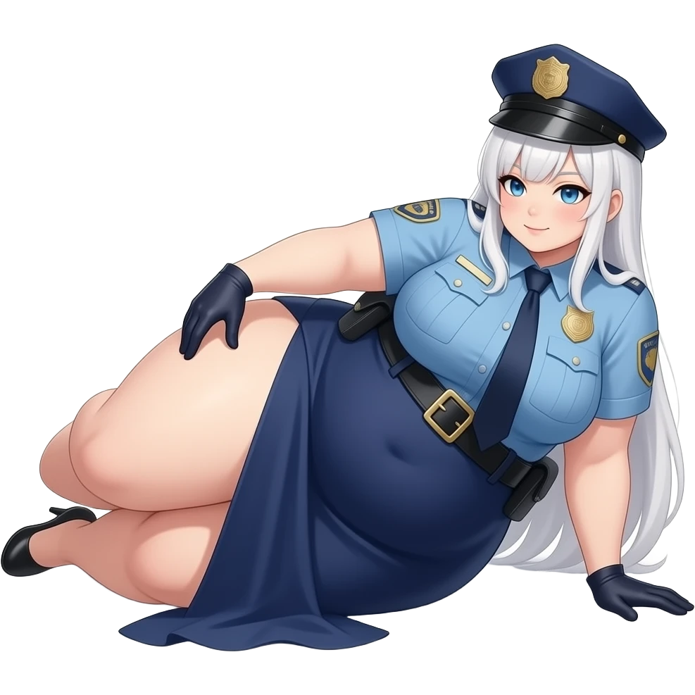 Anime extremely fat big booty a white hair female creature cosplaying police woman showing back her buttocks with her long fabric dark blue dress showing her left buttock naked and her right hand touch’s her buttstock with black gloves laying front dead emoji