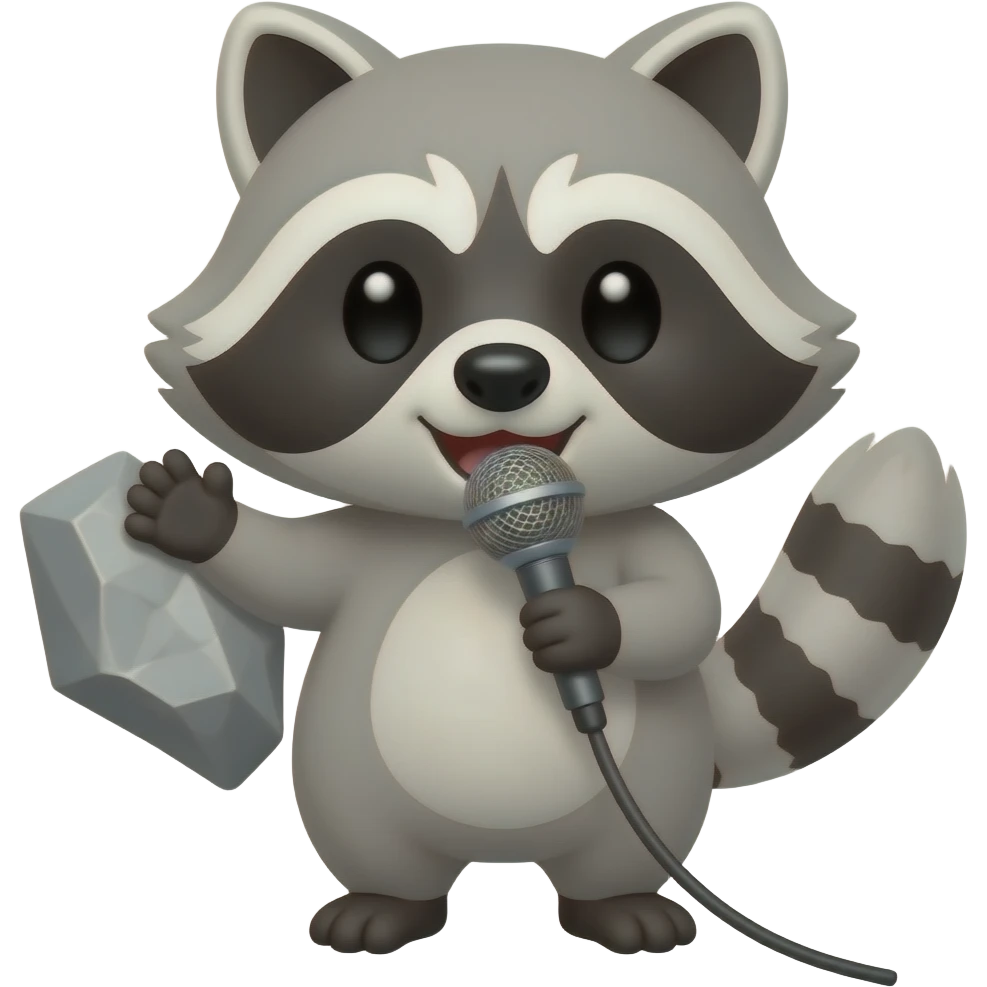 burst up front view singing rock racoon with microphone cute simple emoji