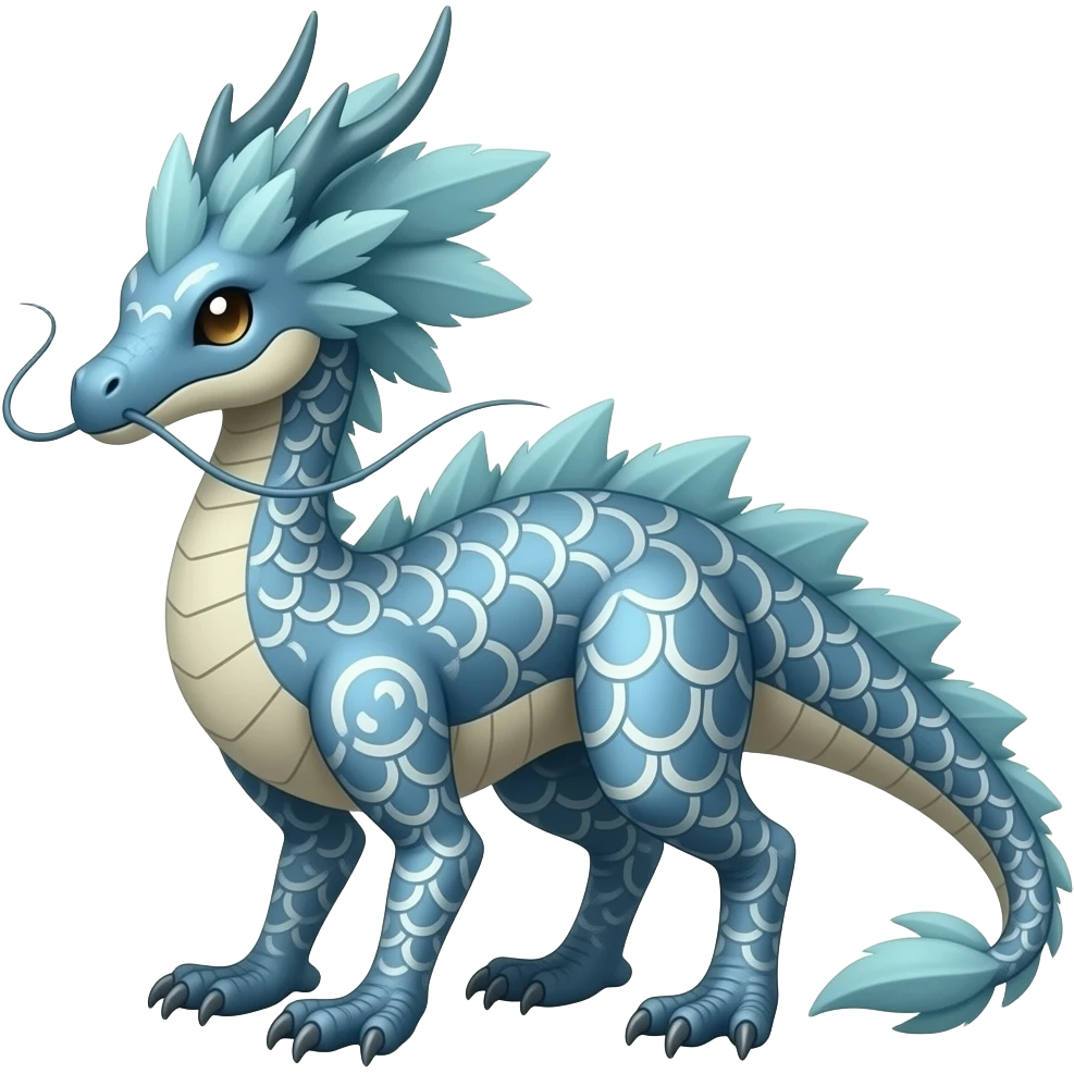 scaly shiny frilled spiky frilly feathery raptorik finned patterned tribal-patterned digitigrade quadrupedal Vaporeon-Salandit-Glaceon-hybrid with long thin dragon whiskers emoji