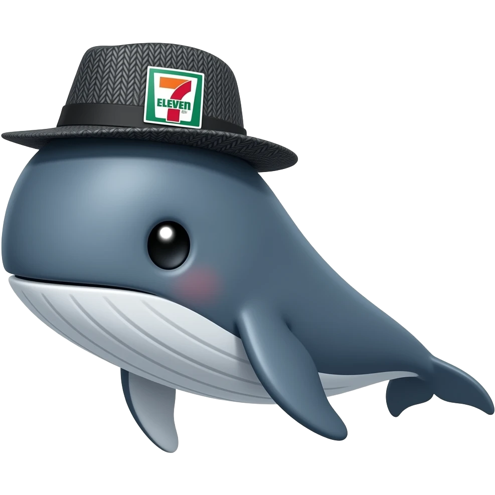 Whale wearing a 7-eleven branded black and grey fedora emoji