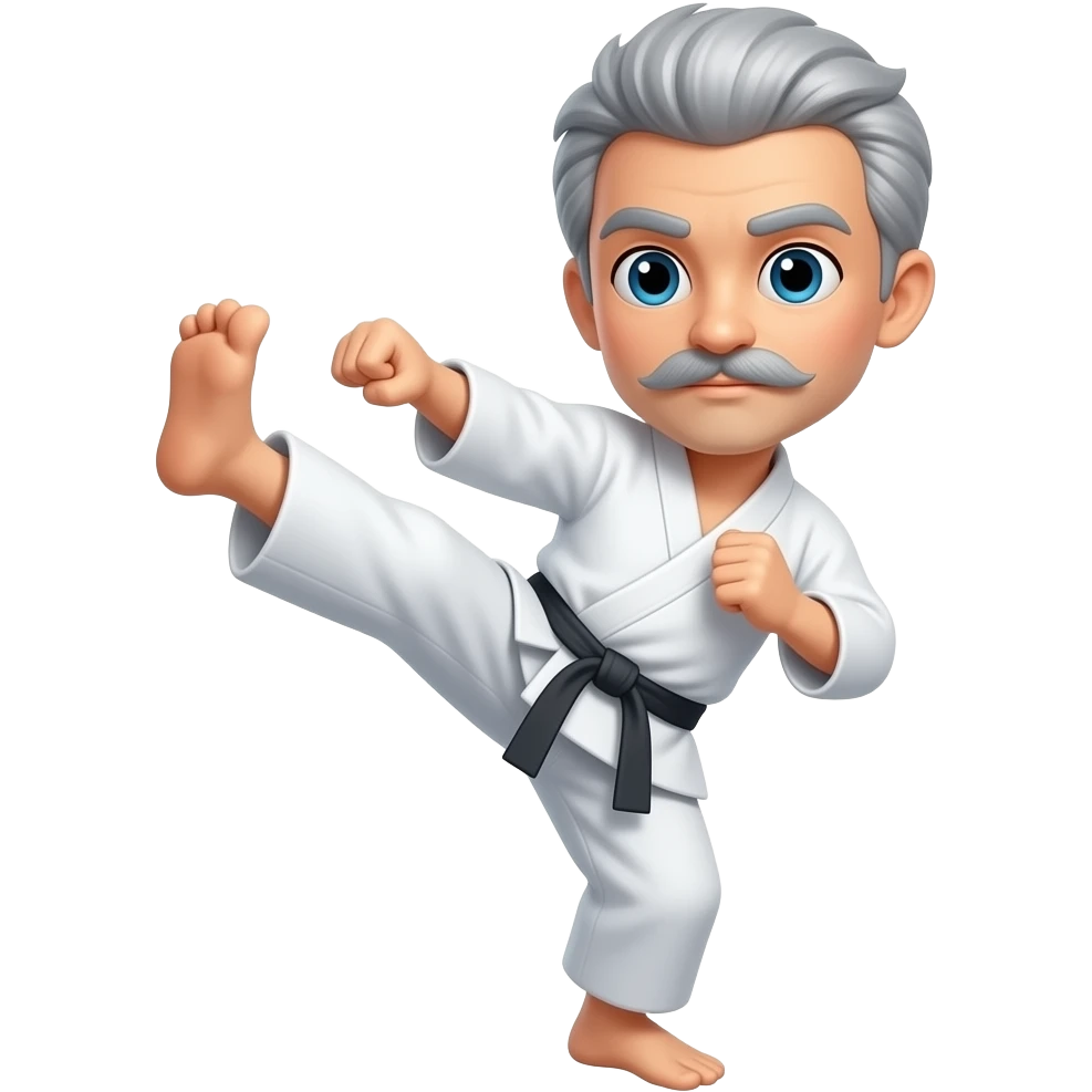 Grey hair with mustache doing karate kick emoji