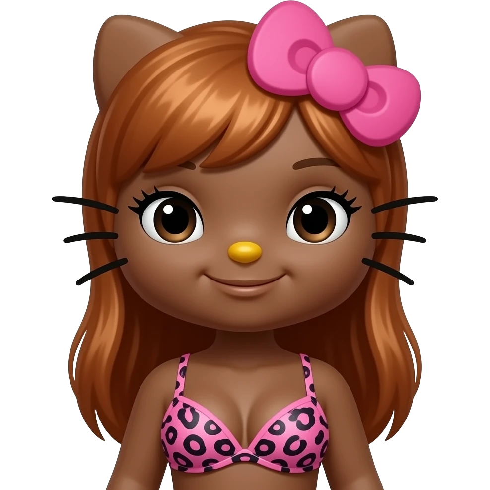 Big breast, Dark brown skin hello kitty girl, Doll shaped face, doll eyes, copper hair, with pink leopard print bra emoji